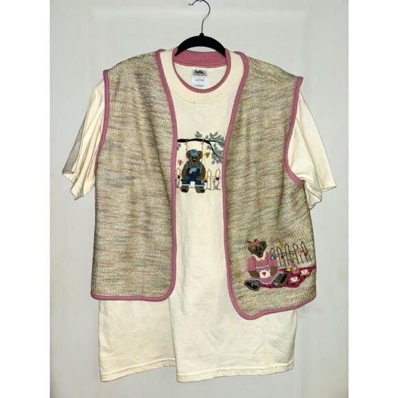 Suttons Womens Large Retro Waffle Knit Teddy Bear Vest & T-shirt Set Cottagecore - Picture 6 of 15